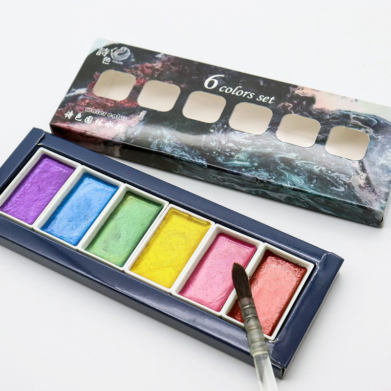 Watercolor Paint Set Solid Pigment - 6 色水溶性メタルパール水彩顔料ソリッドセットアーティスト水彩画画材