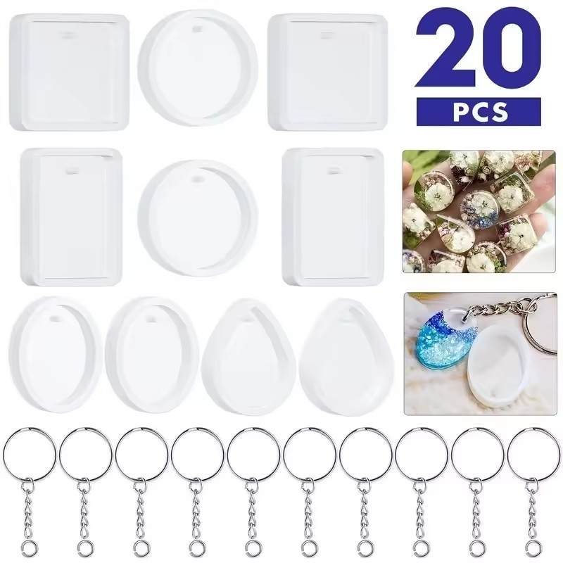Silicone Epoxy Resin Molds Set - 20個入りDIYキーホルダーペンダント用シリコンモールドキット。キーリング、アートクラフト製作ツール、クリスタルエポキシ樹脂モールド付き。