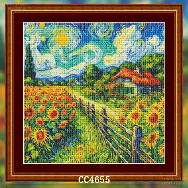 CC4656-ゴッホシリーズ ひまわり畑] 初心者向けDIY - Cross Stitch Stamped Kits Beginners のレビューと価格