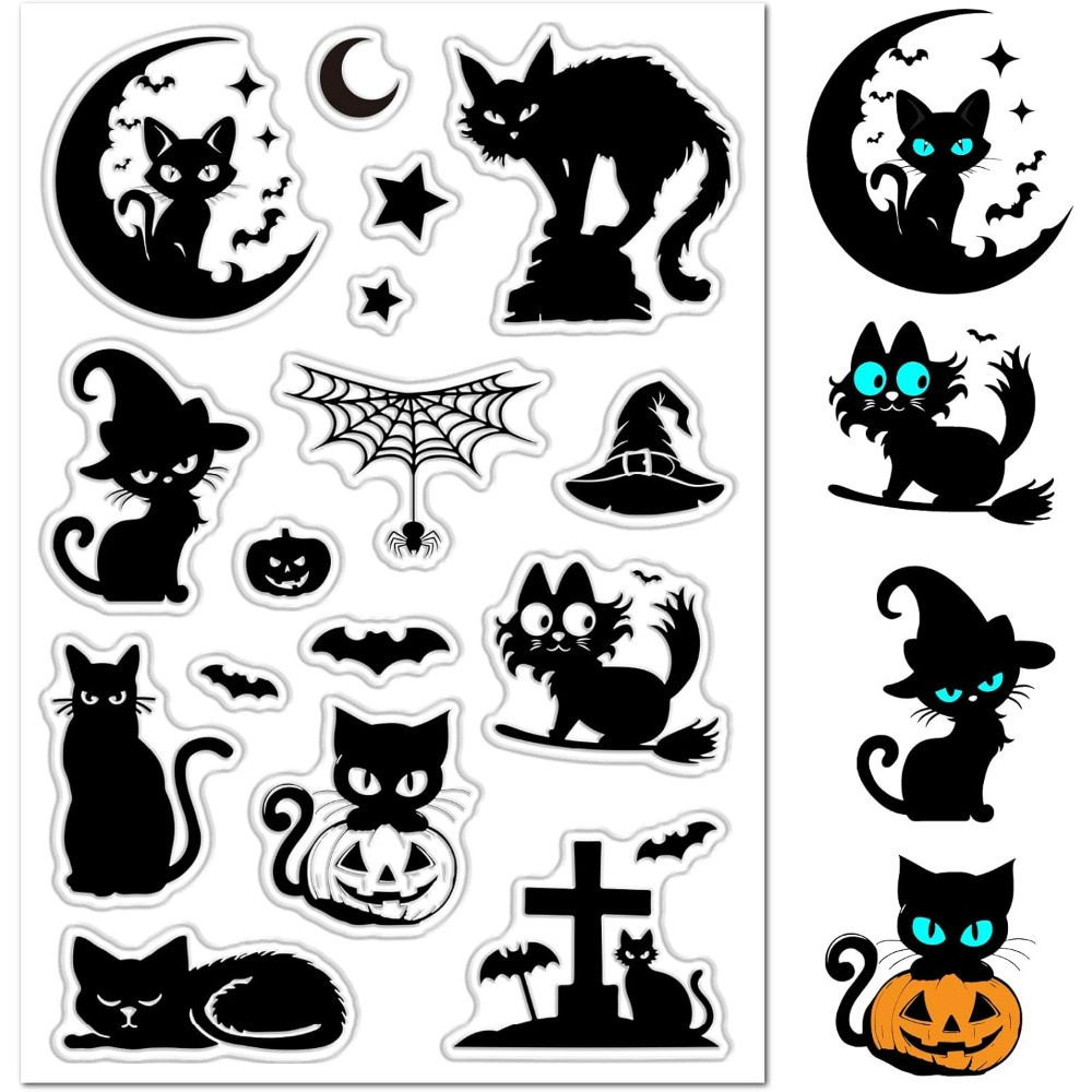 ハロウィン黒猫クリアゴムスタンプカボチャコウモリ墓石魔女帽子 - Clear Silicone Stamps For Card Making のレビューと価格